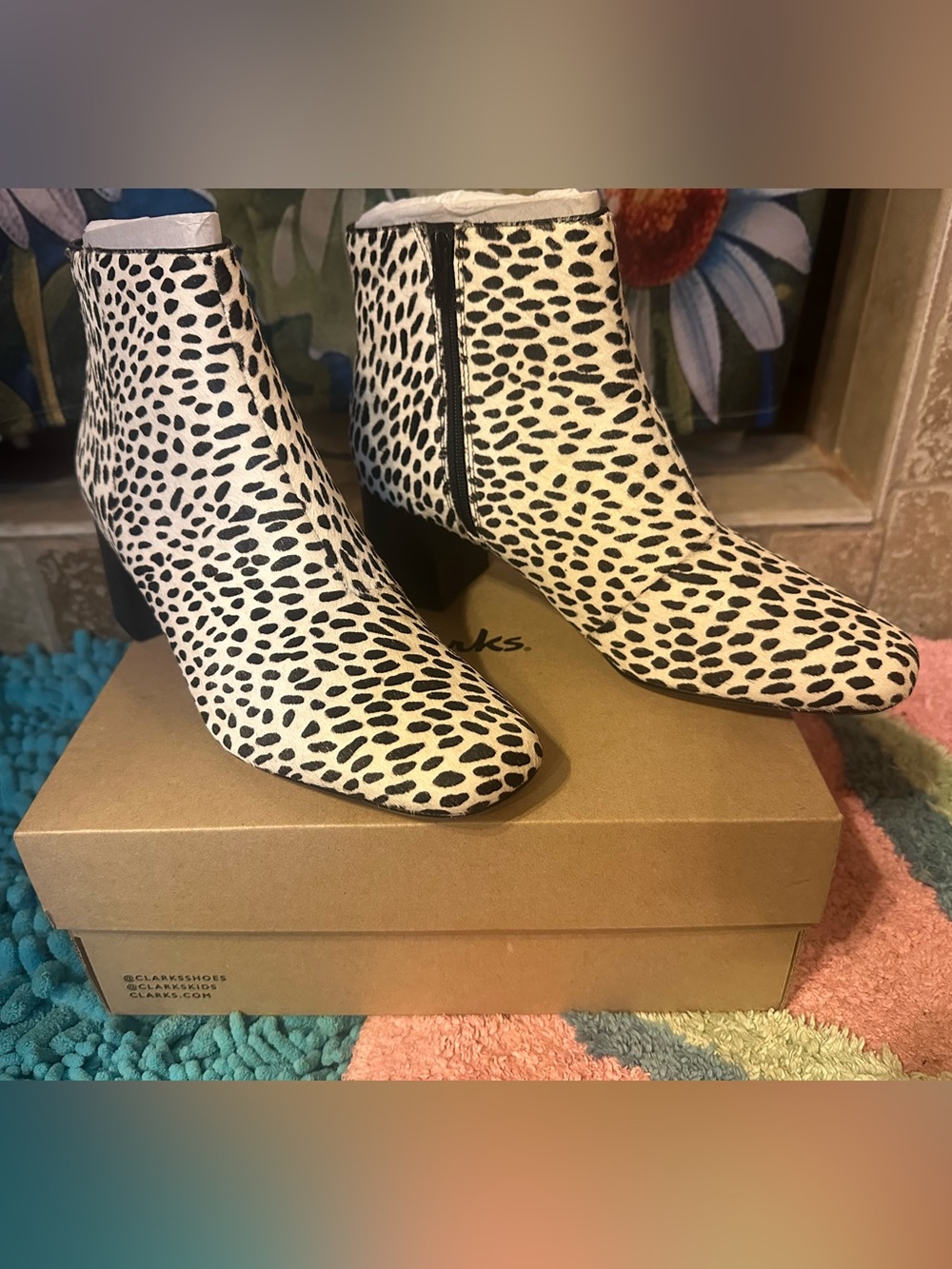 New With Box - Clarks Black and White Spot Print Ankle Boots
